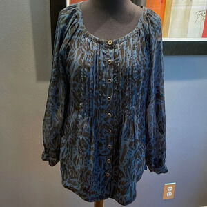 Grace Elements Long Sleeve Roll-Tab Sheer Blouse. Small. Navy/black print.